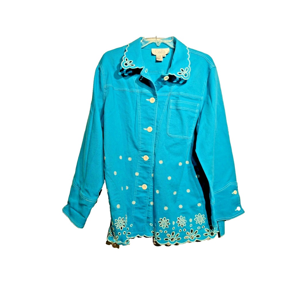 Diane's Essentials Denim Shacket Aqua Blue/White Eyelit Embroidered Floral Sz 1X